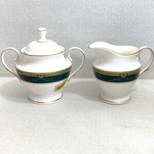 Lenox Classic Edition Creamer & Sugar Bowl Set Gold Band Green Marble Trim